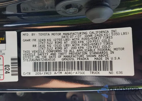 2007 Toyota Tacoma Prerunner V6 z USA, uszkodzony, nr VIN 5TEJU62N97Z464516